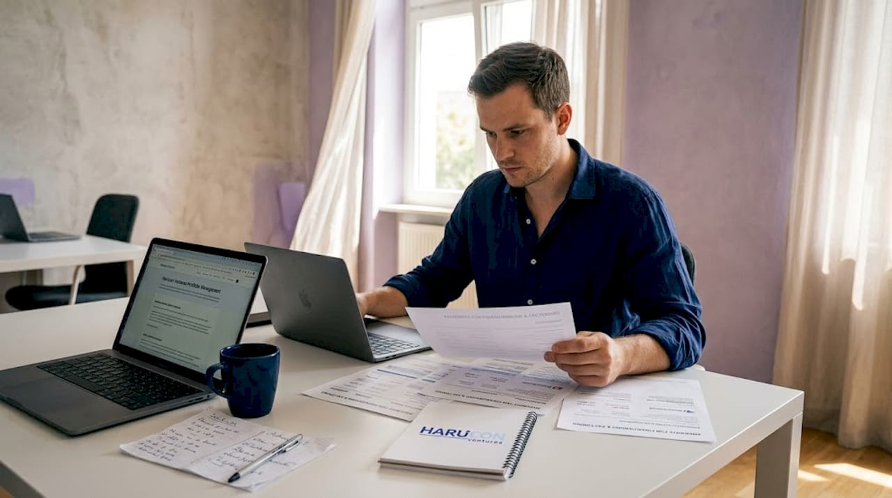 Vom heimischen Schreibtisch aus prüft der Gründer mögliche Finanzierungsoptionen für sein Unternehmen.