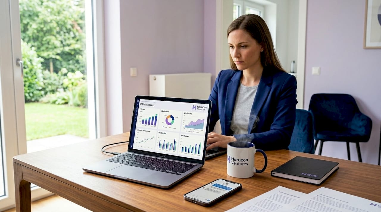 Im Homeoffice analysiert eine Expertin die Kennzahlen auf ihrem Dashboard.