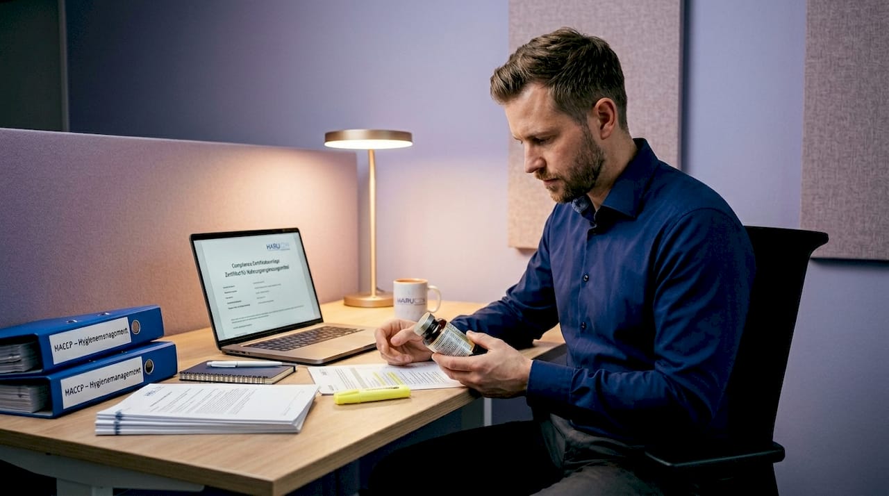 Der Qualitätsmanager prüft die Unterlagen zur Einhaltung der Gesundheitsvorschriften.