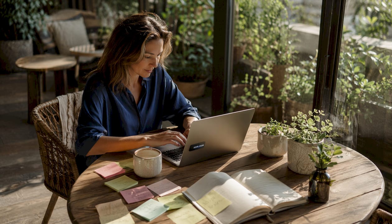 Konzentriert arbeitet eine Frau im Homeoffice an ihrem Laptop.