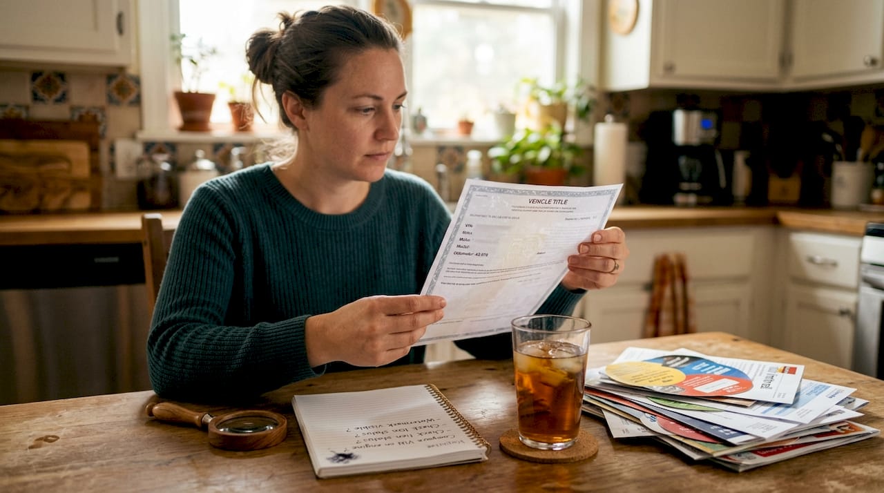 Buyer checks title watermark at kitchen table