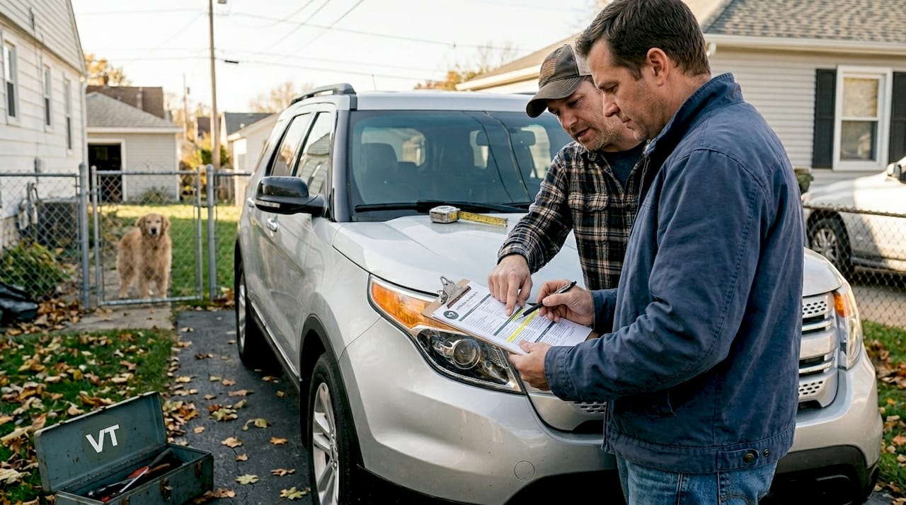 Buyers comparing vehicle report with used SUV