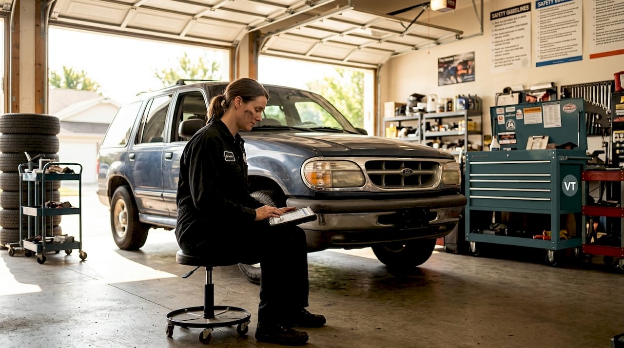 Mechanic performing used car inspection