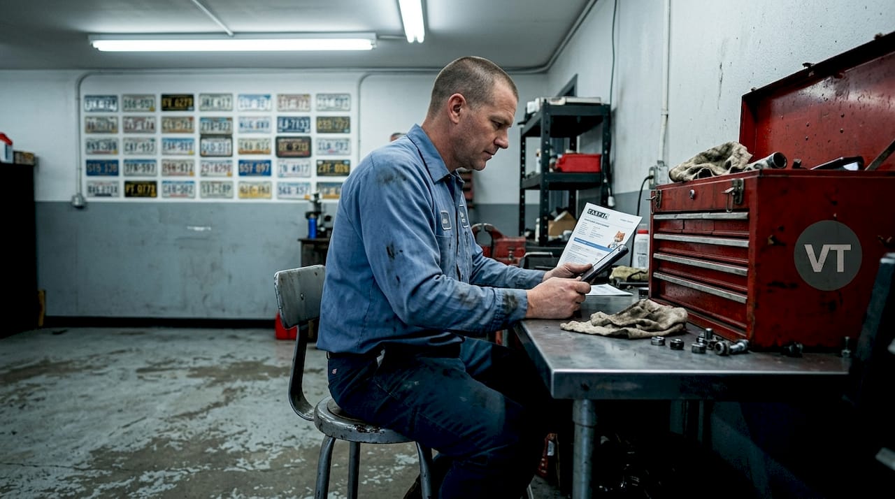 Mechanic cross-checking CARFAX report