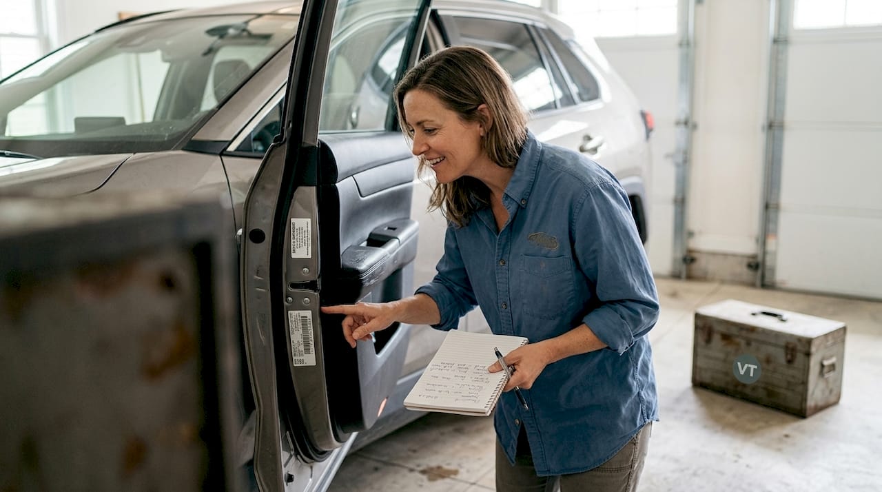 Woman checking VIN sticker on car door