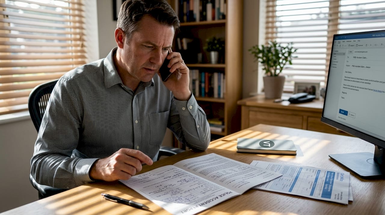 Man discussing police report at home office
