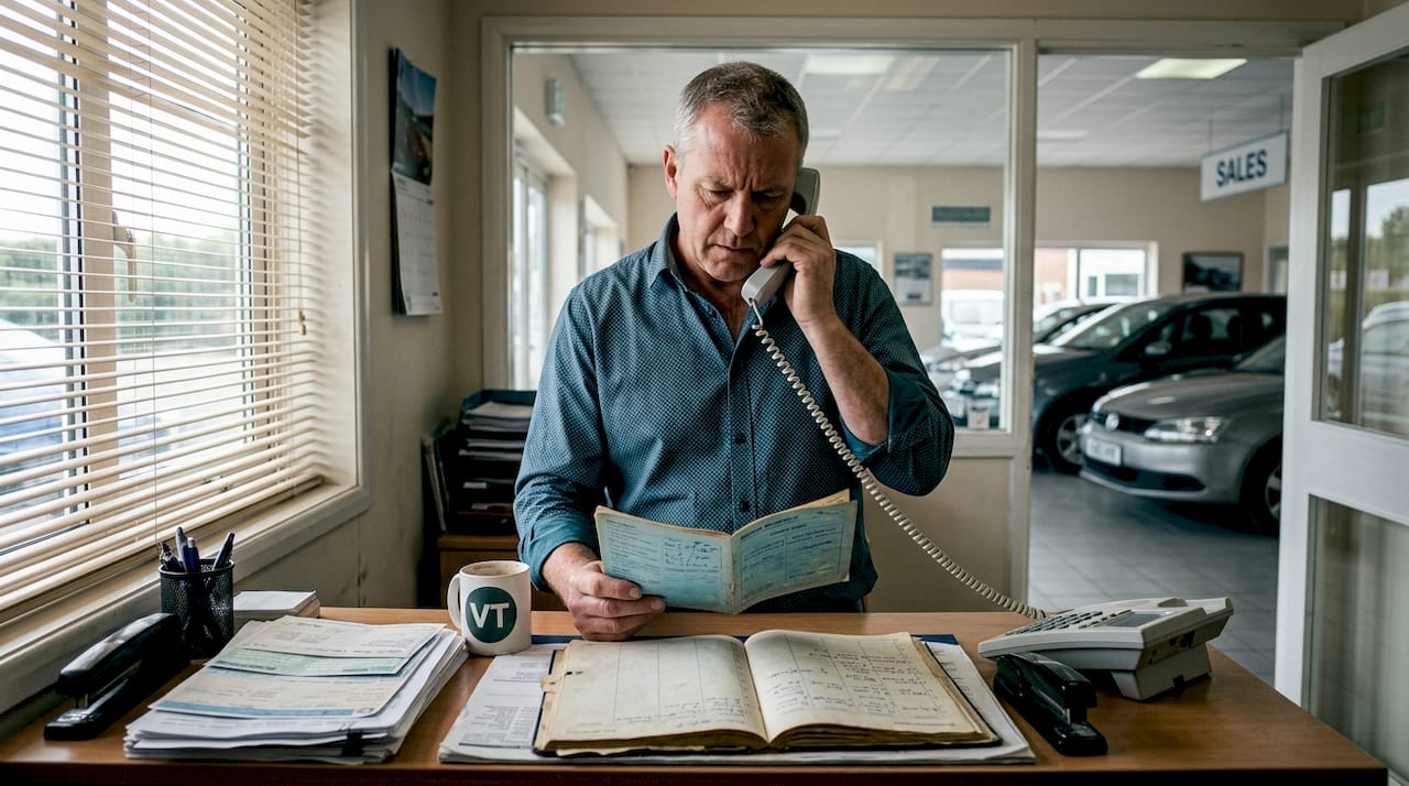 Dealer checks vehicle service booklet at desk
