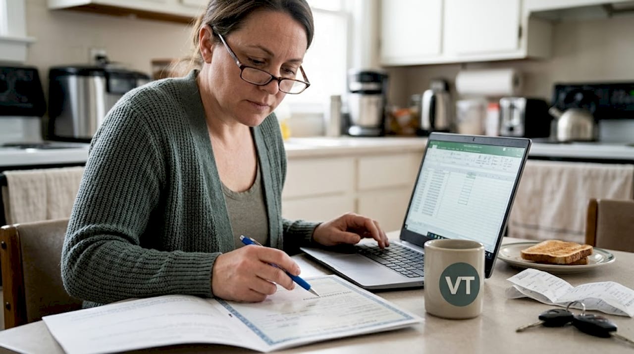 Reviewing VIN on car documents at kitchen table