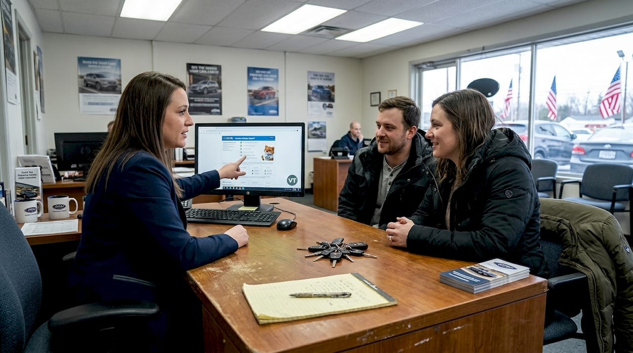 Dealer discusses vehicle history with buyers