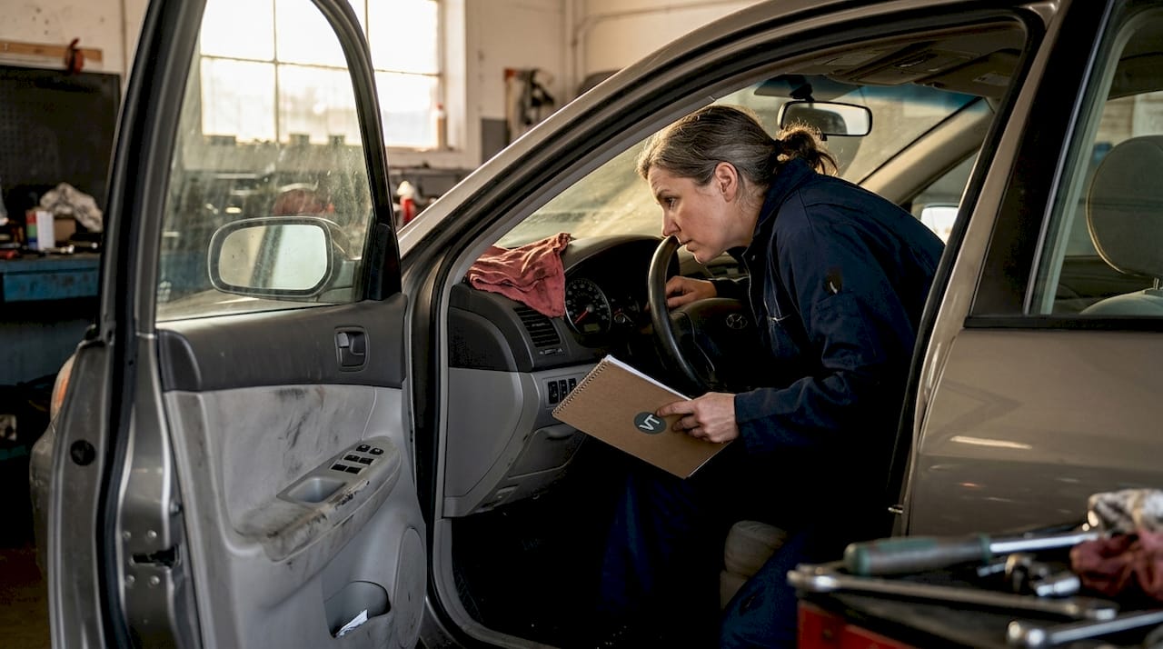 Mechanic inspecting car odometer in garage