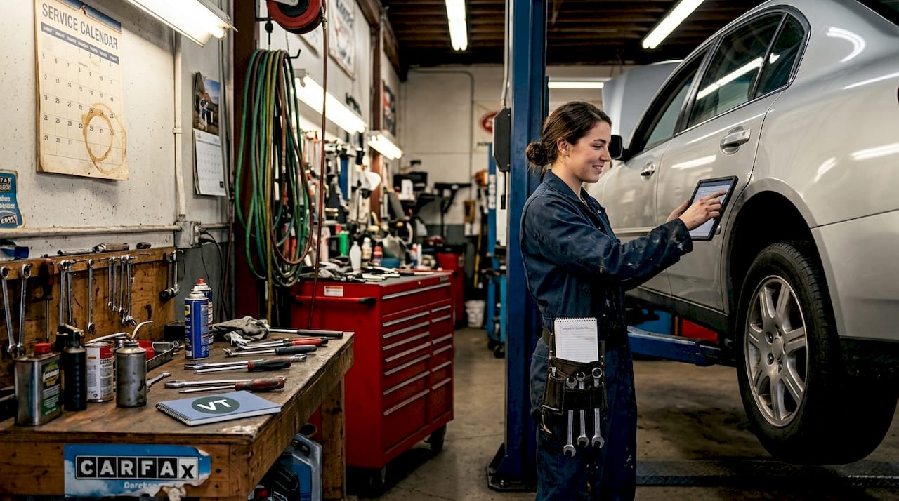 Mechanic updates car history in auto garage