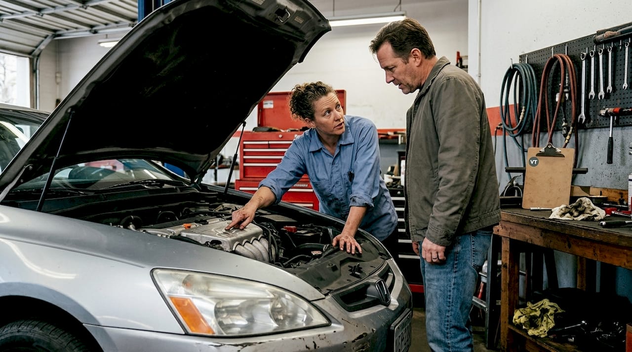 Mechanic and buyer inspect used car together
