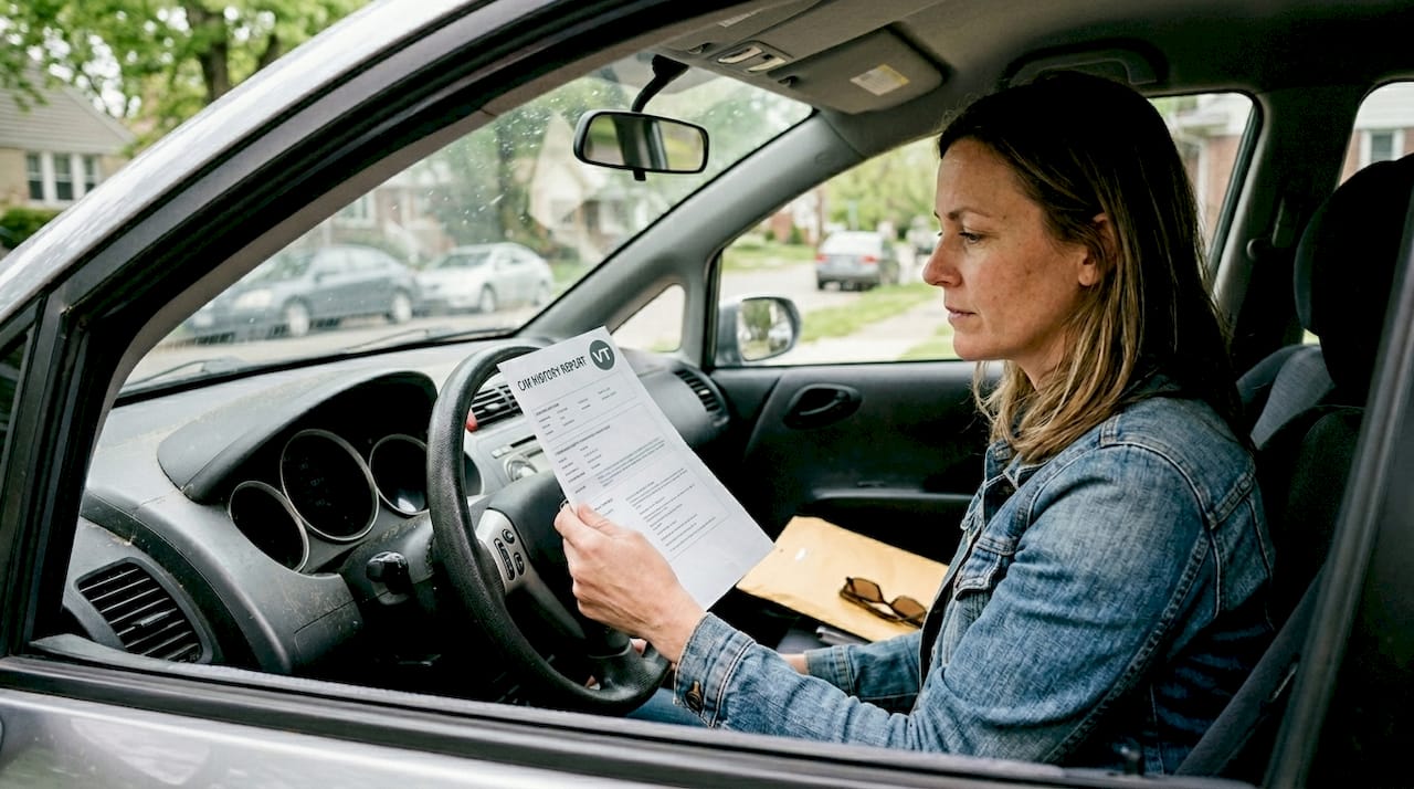Person reading printed car history report in car