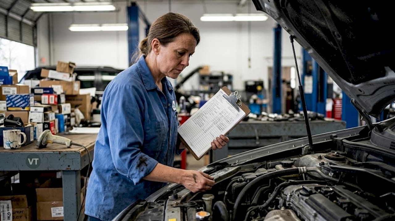 Technician verifying VIN in engine bay