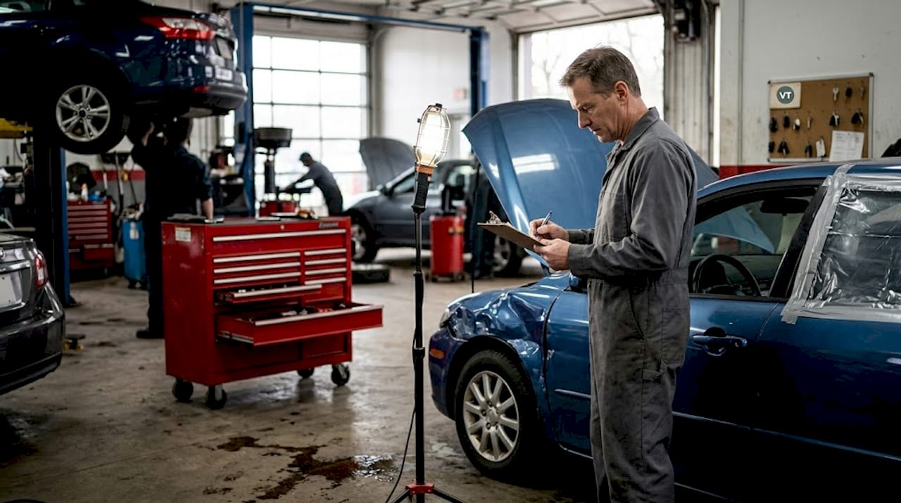 Mechanic inspecting salvage title car in shop
