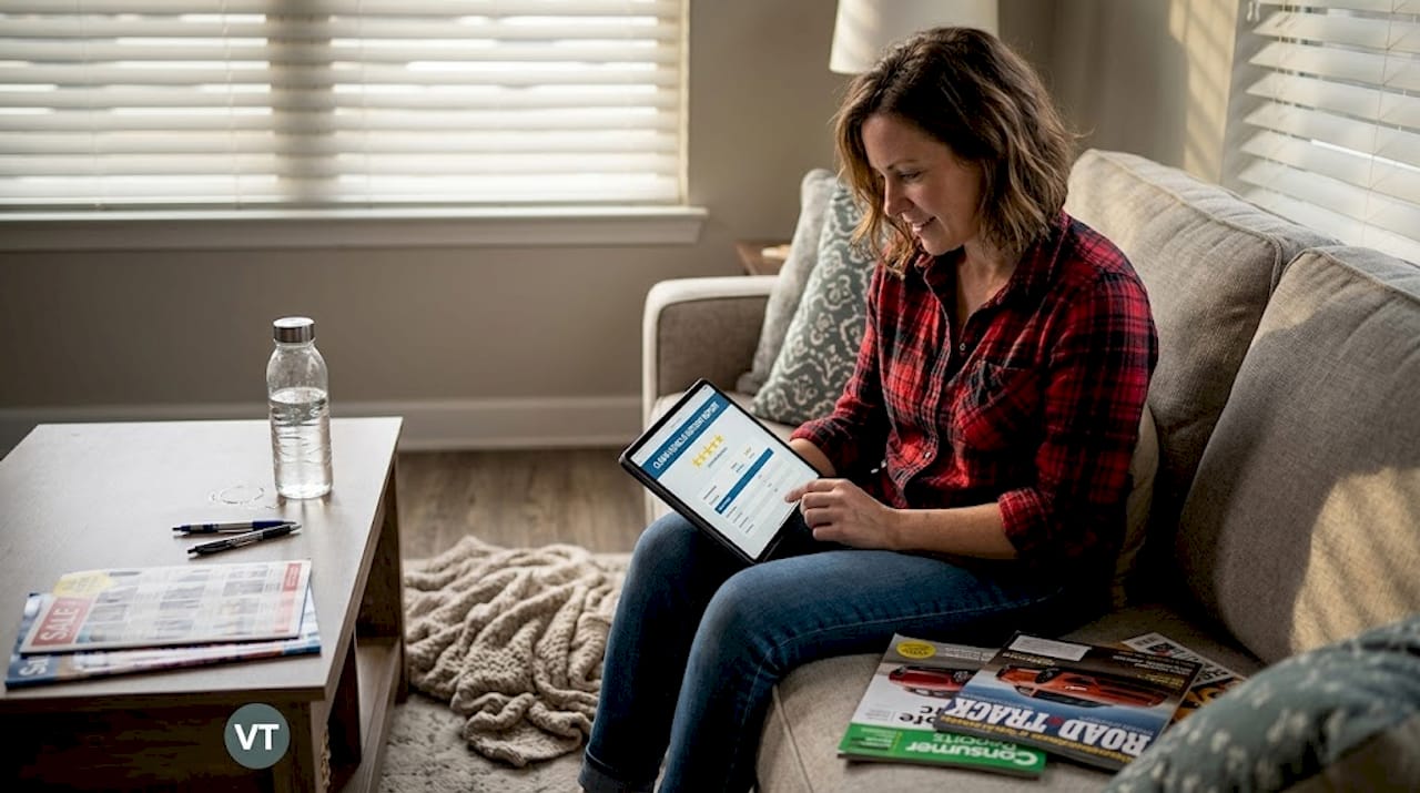 Woman reviewing vehicle history report at home