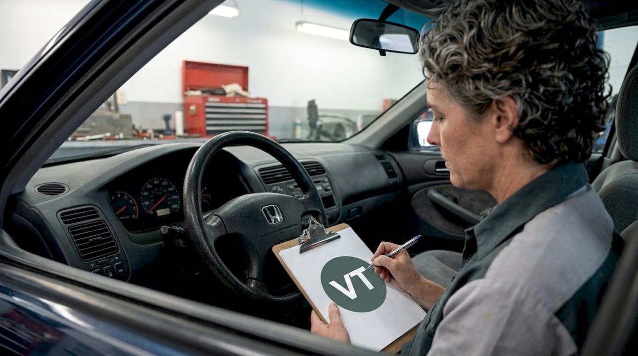 Mechanic records odometer reading in garage