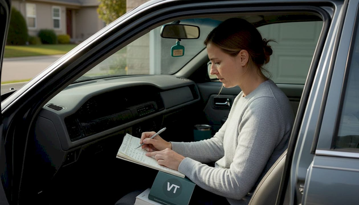 Woman writing VIN in used car inspection