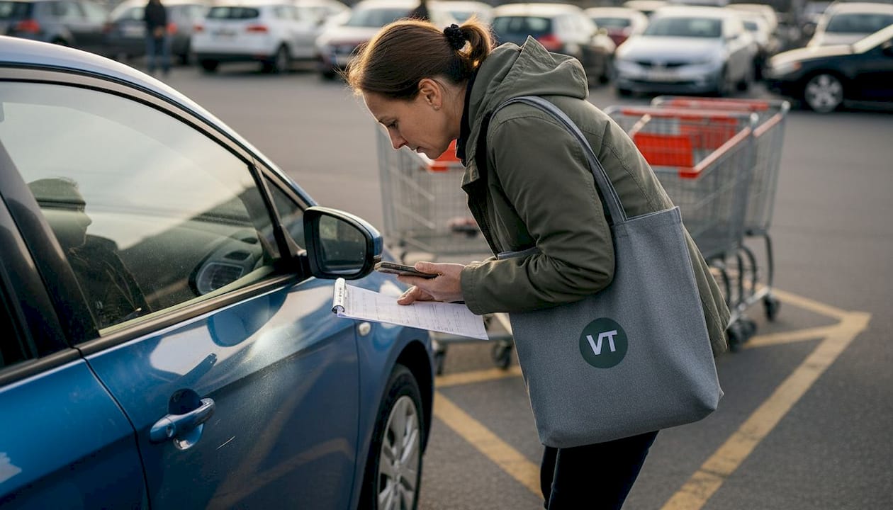 Woman uses flashlight to check car paint
