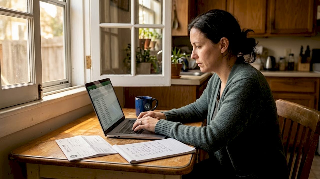 Woman typing VIN at kitchen table