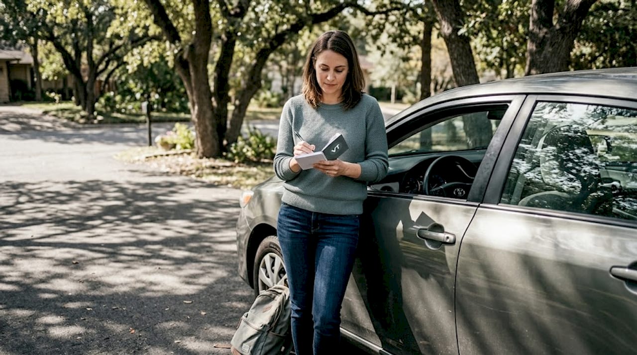 Woman recording VIN and mileage outside car