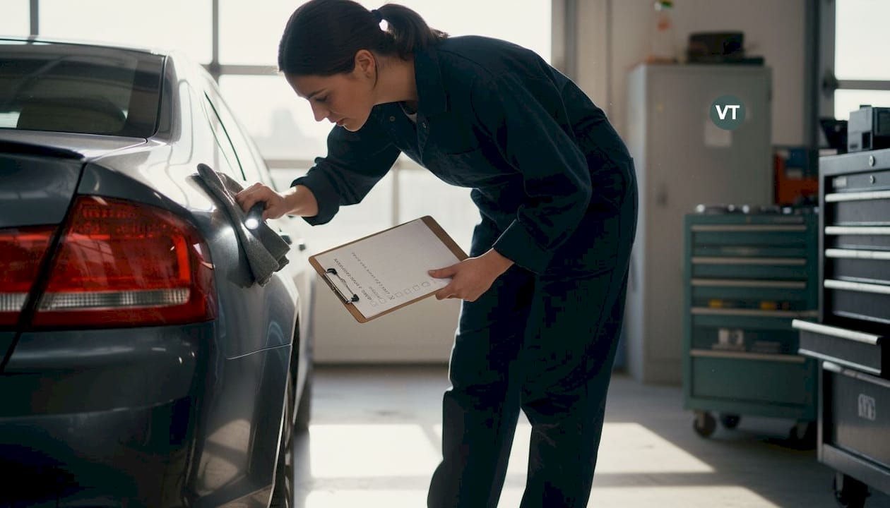 Mechanic inspecting car body for possible damage