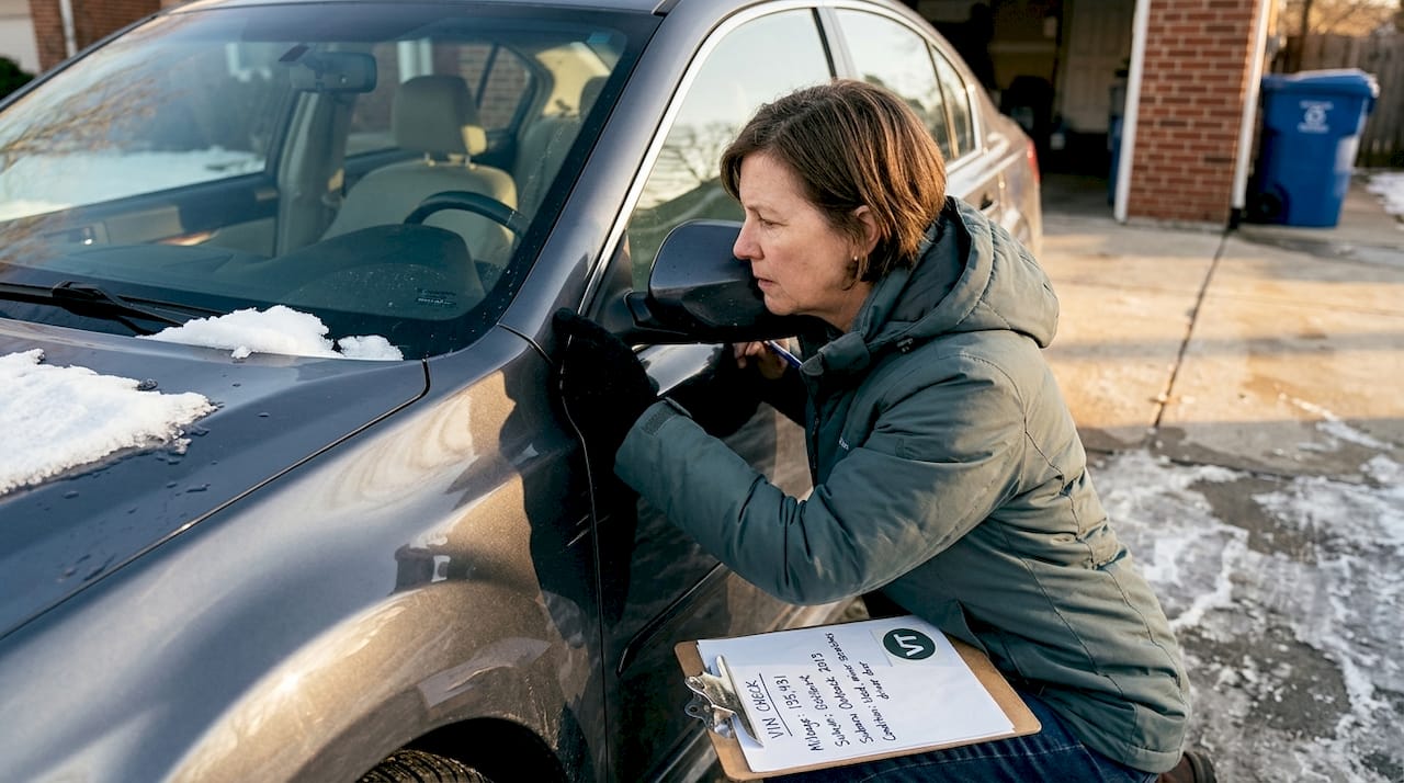 Woman verifying car VIN outdoors in winter