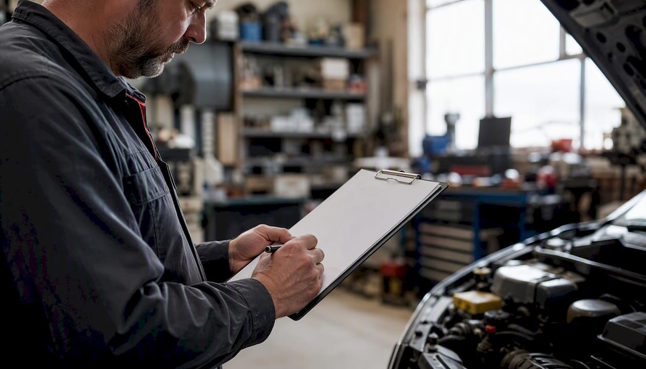 Mechanic writing pre-purchase inspection report