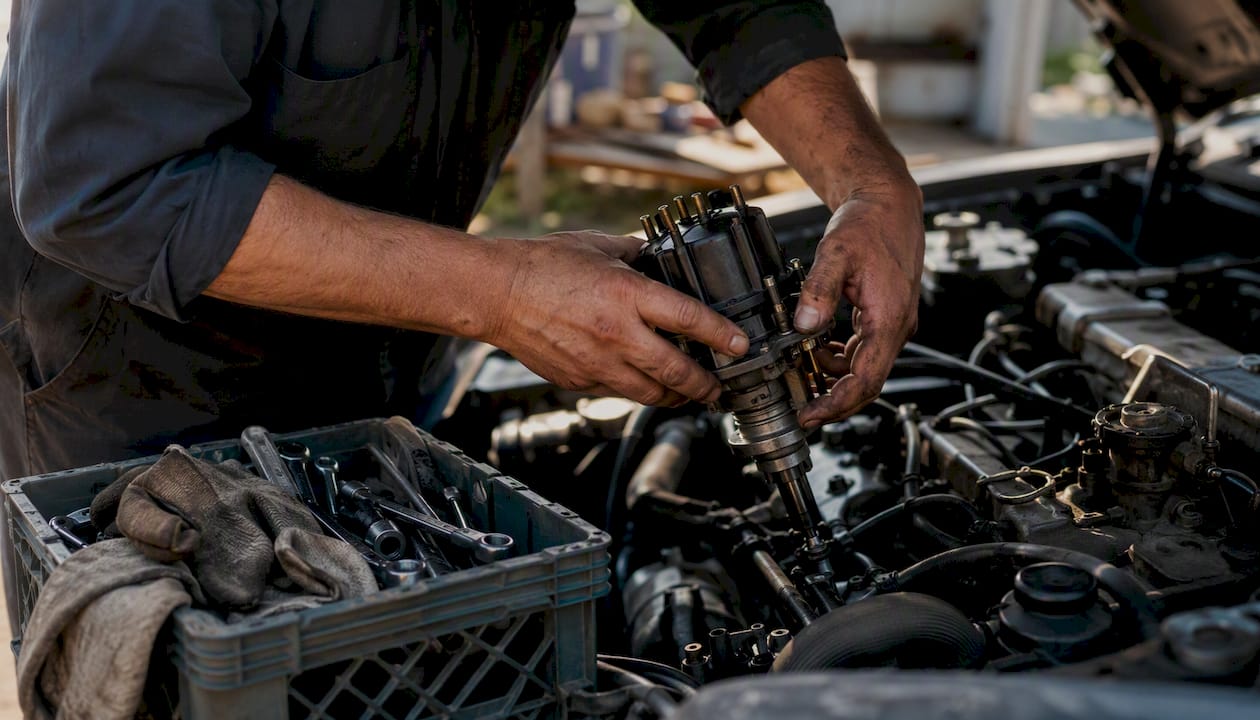 Technician replacing ignition distributor in engine bay