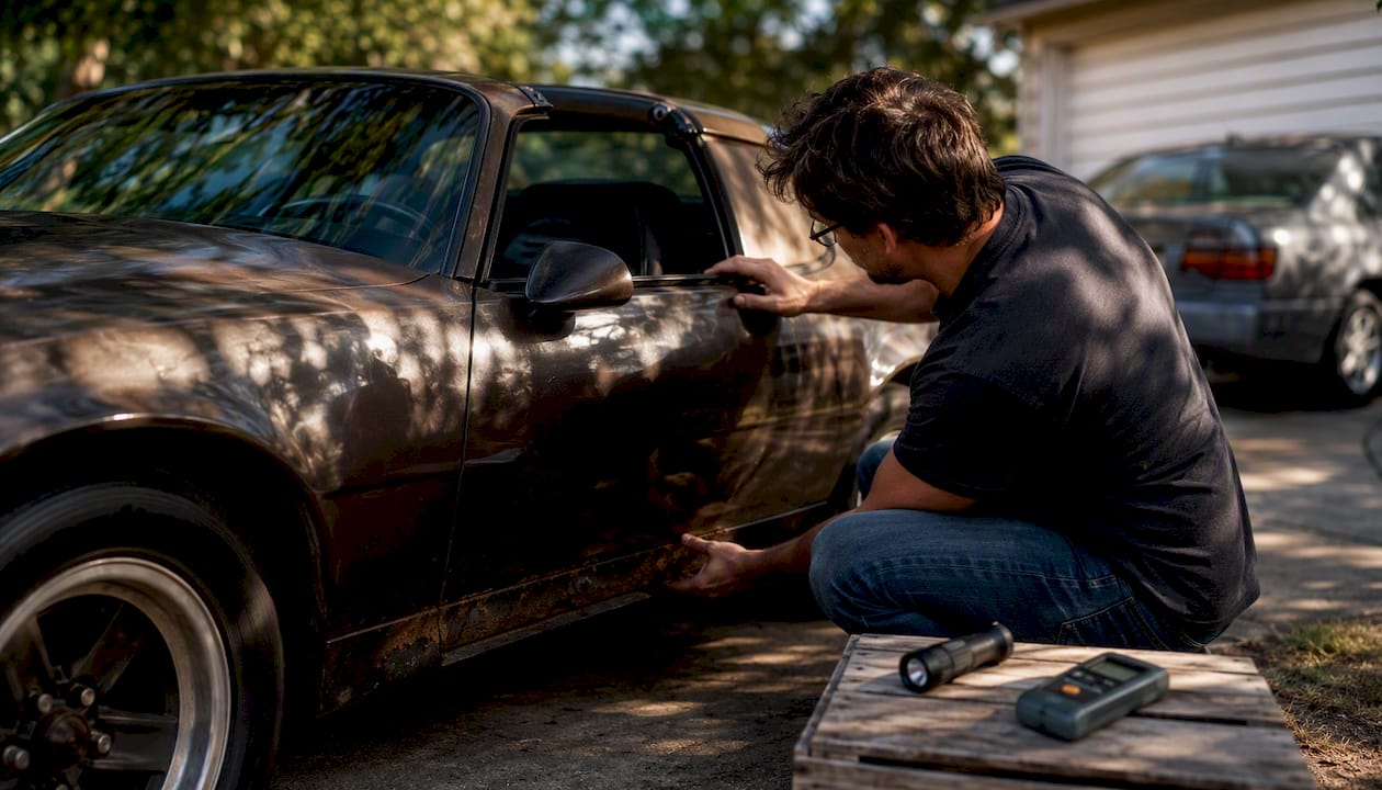Person inspecting T-top seals and rust damage