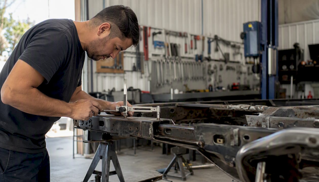 Hands measuring vehicle frame alignment in a garage