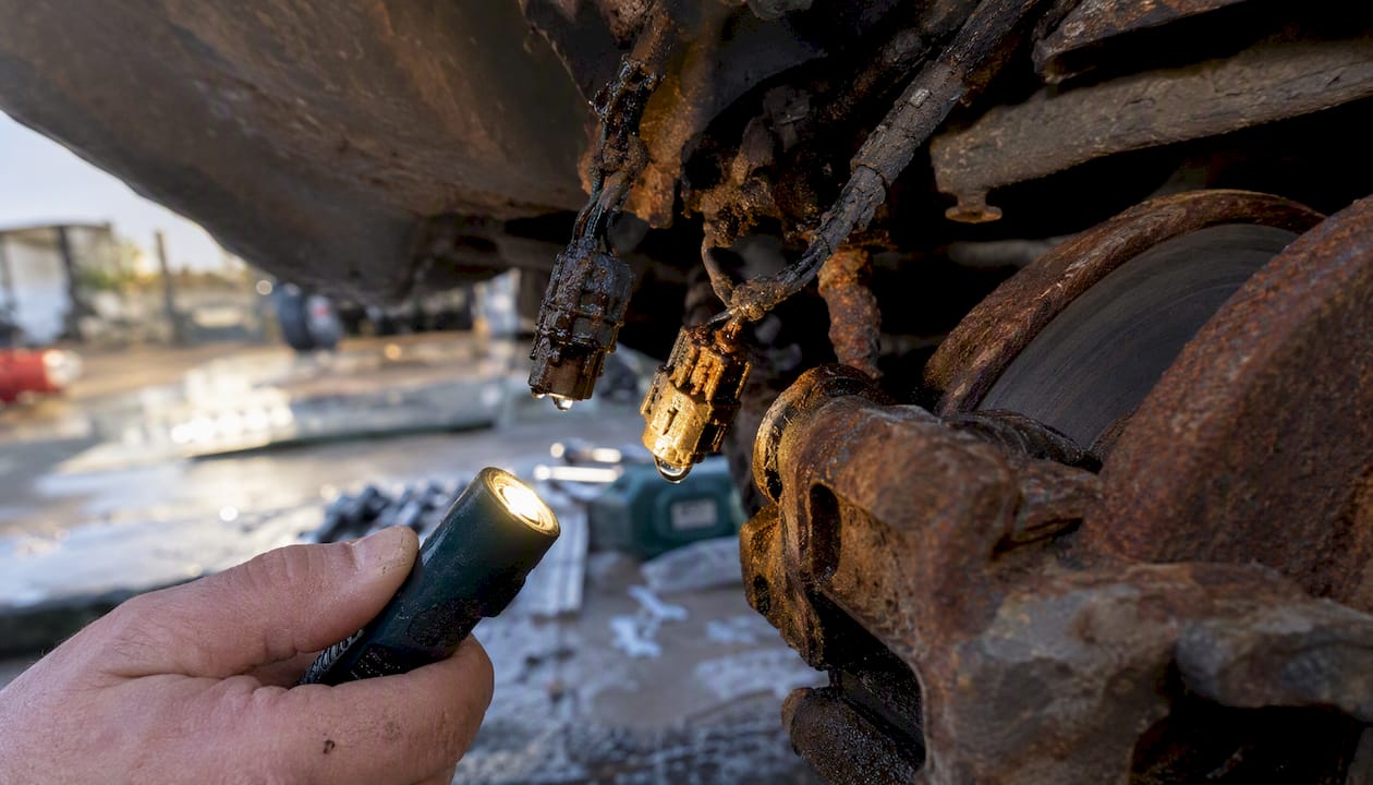 Corroded vehicle wiring and brake parts undercarriage
