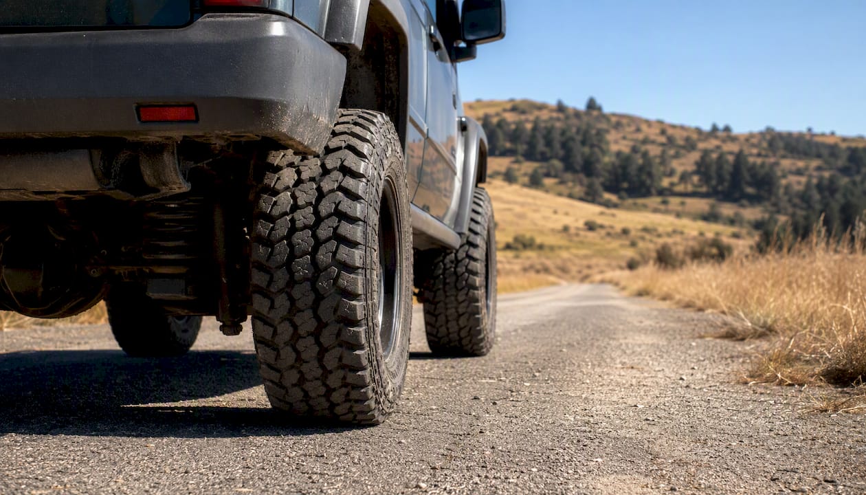 4WD front wheels on dry pavement close-up