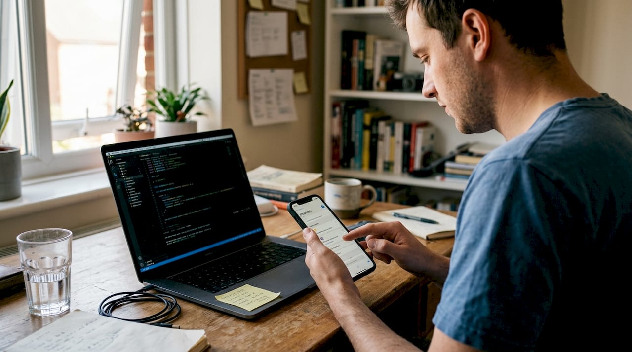 Man reviewing iPhone Shortcut workflow at desk