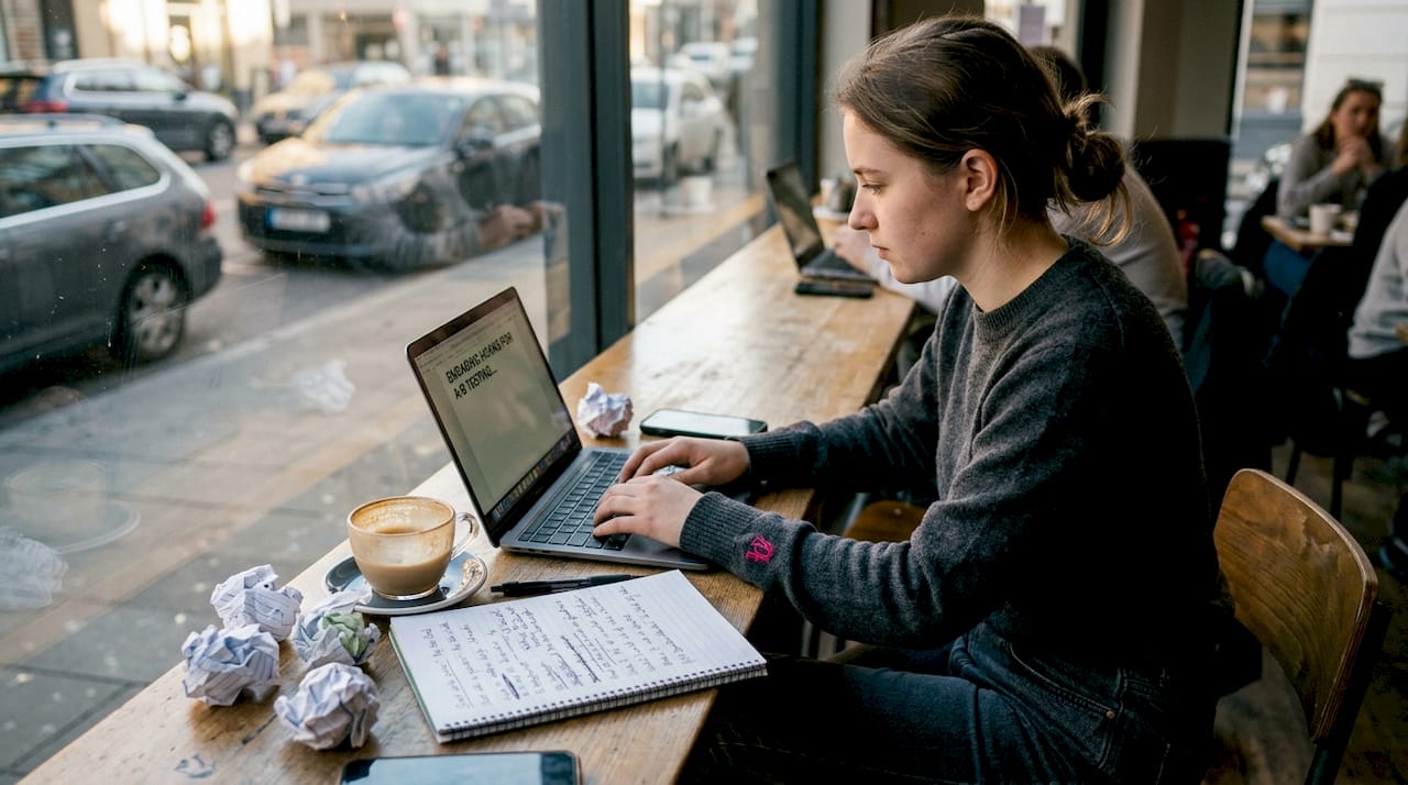 Copywriter drafts ad hooks at sunlit café table