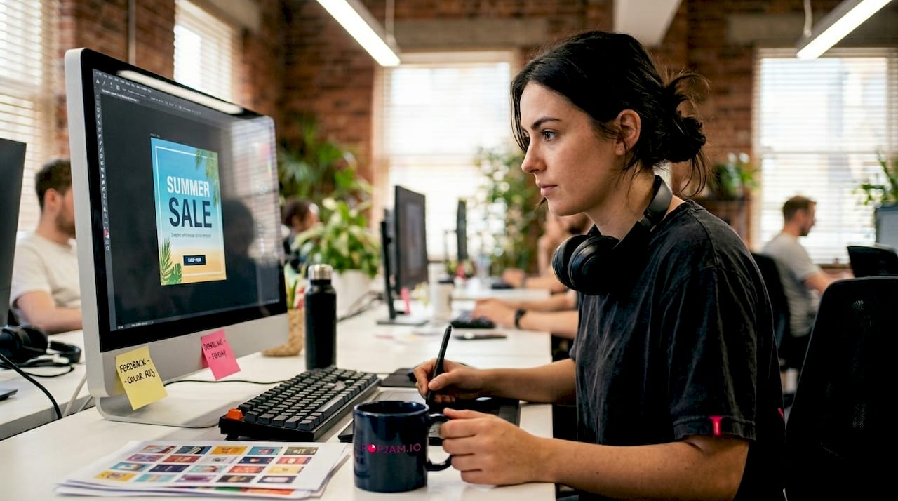 Designer editing digital ad creative at desk