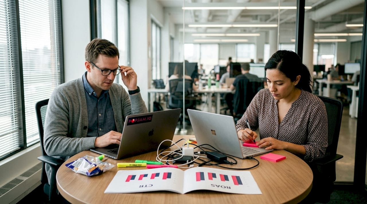 Team comparing ad performance metrics printouts