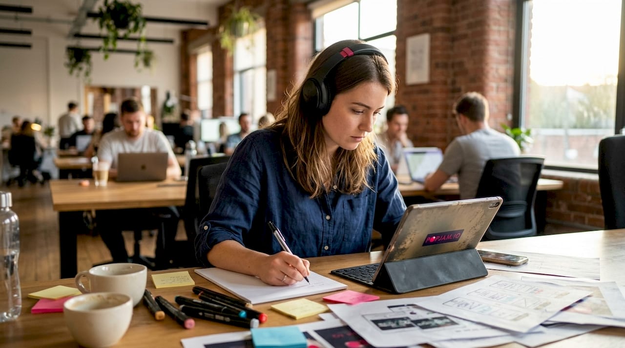 Ad designer reviewing creative variants in workspace