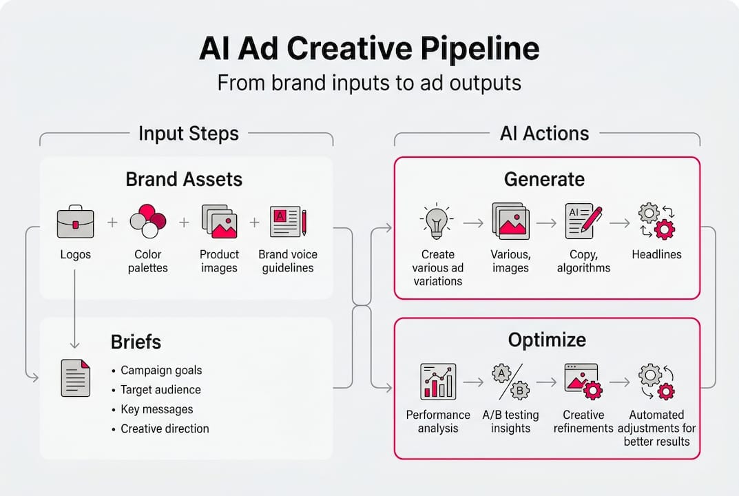 Infographic showing AI ad creative pipeline steps