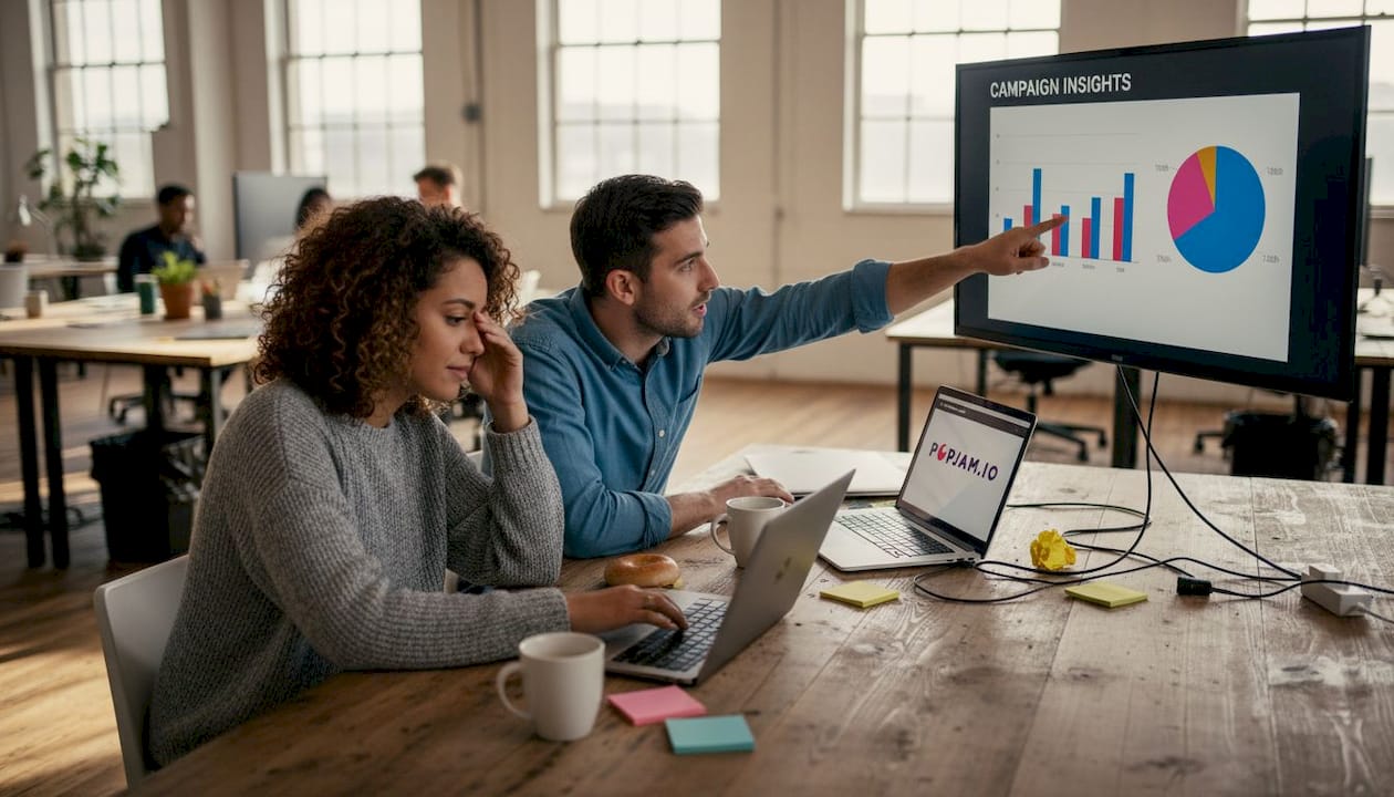 Creative team reviewing campaign data at workspace table