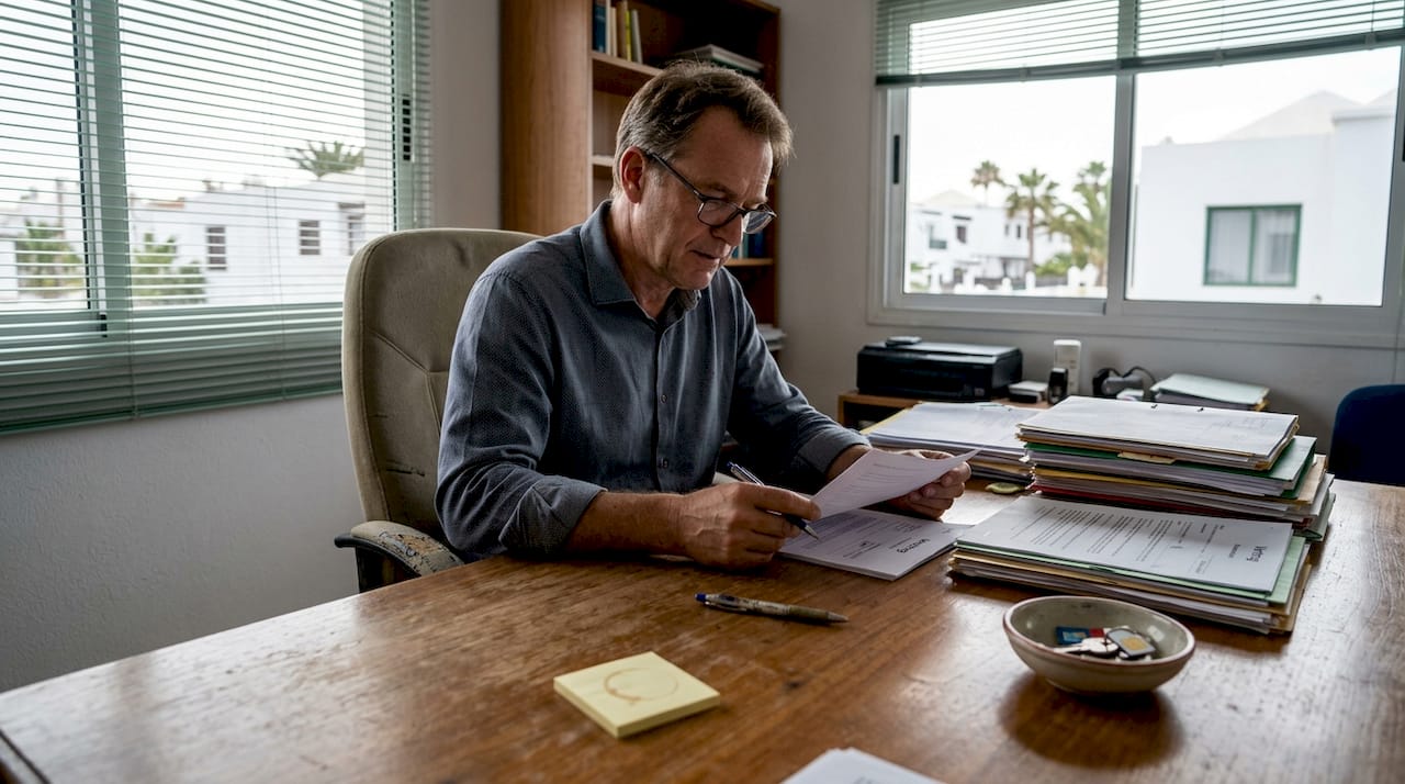 Im Büro auf Teneriffa nimmt sich ein Anwalt die Zeit, Unterlagen sorgfältig zu prüfen.