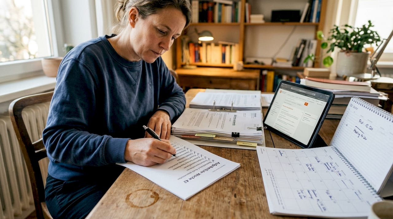 Eine Frau arbeitet im Homeoffice und nutzt dabei eine Checkliste für den Immobilienverkauf.