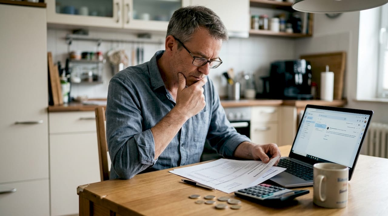 Ein Mann sitzt am Tisch und informiert sich über Immobilienpreise.