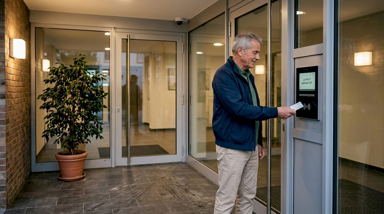 Ein älterer Herr betritt ein gesichertes Wohnhaus.
