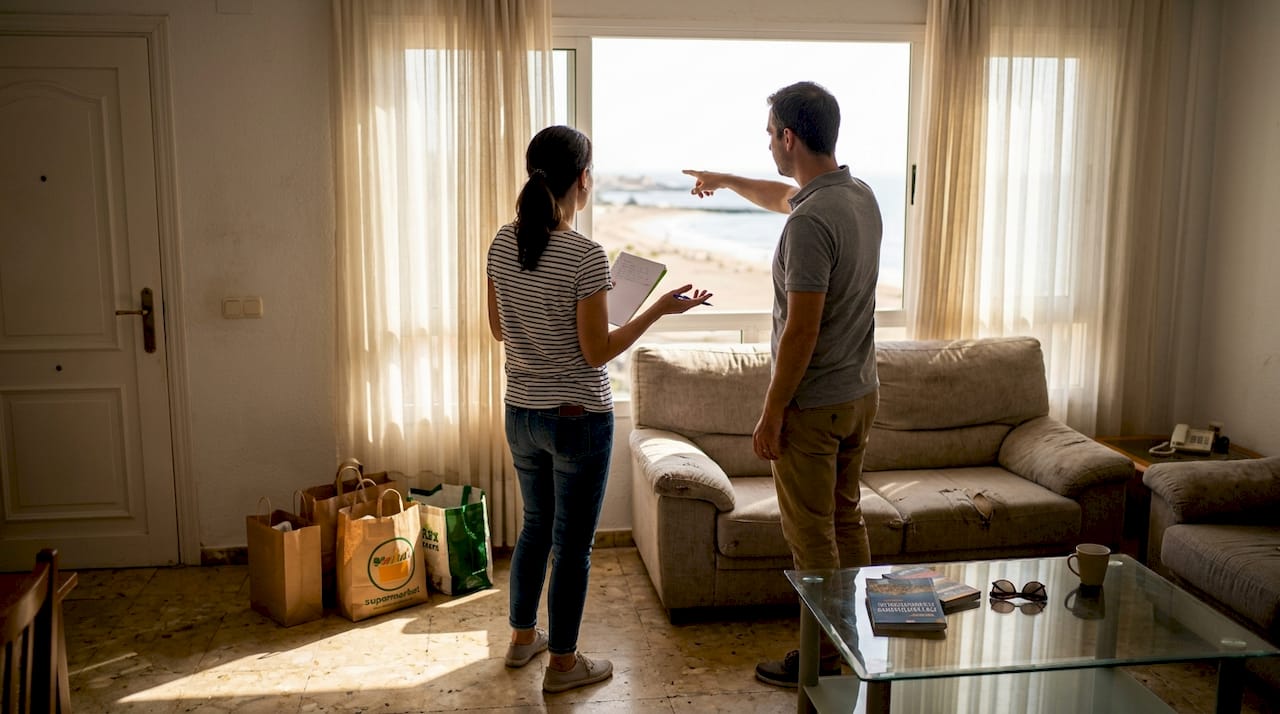 Ein Paar besichtigt eine Wohnung in Strandnähe.