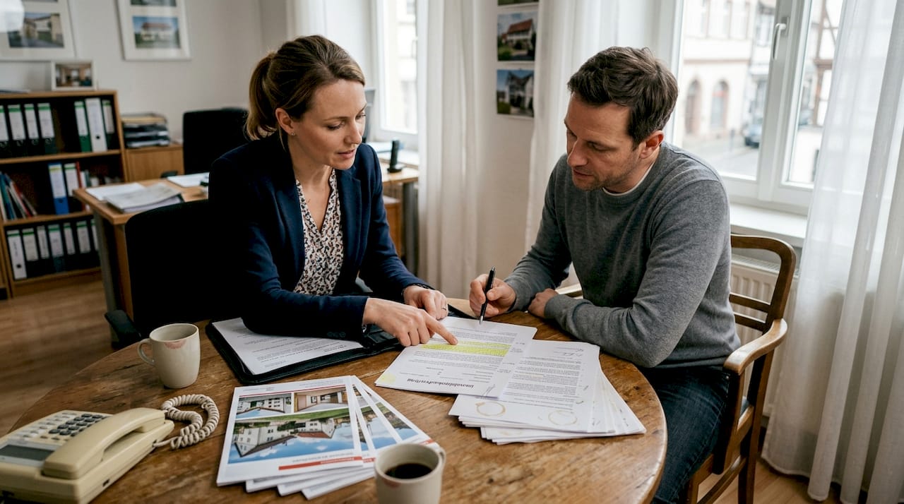 Der Makler geht gemeinsam mit dem Käufer die Vertragsunterlagen durch und erklärt alle wichtigen Details verständlich.