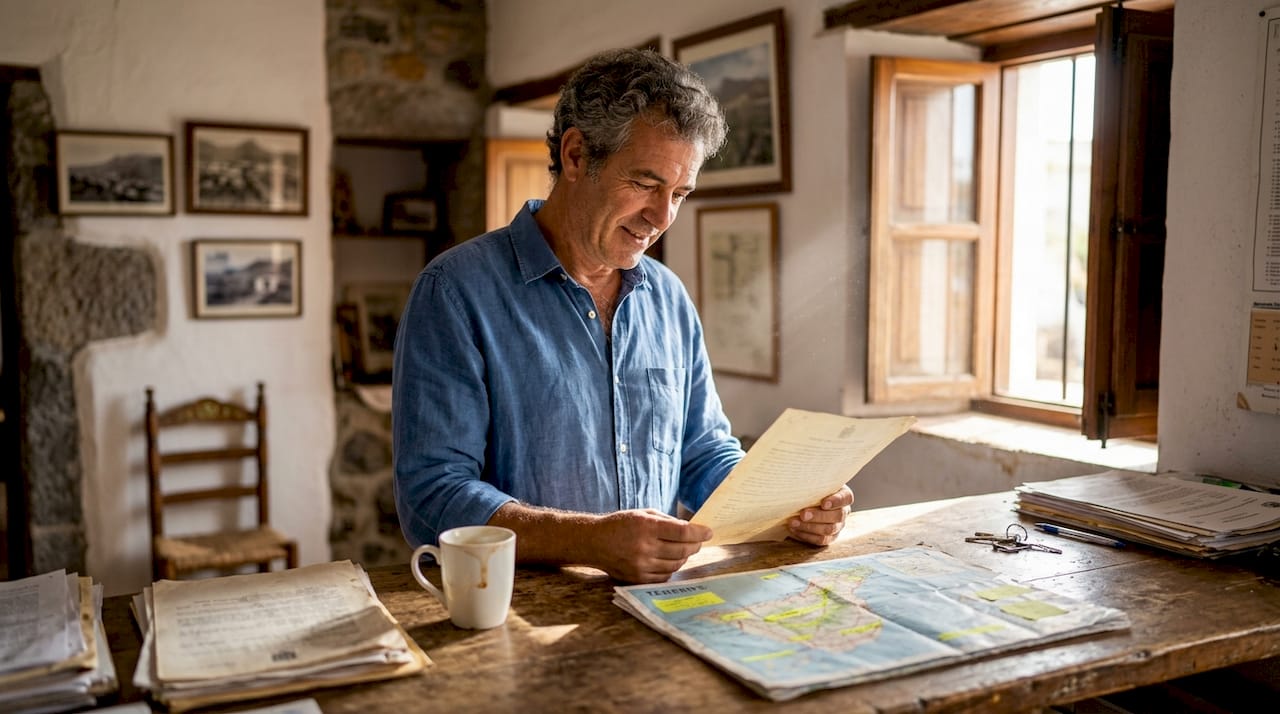 Ein Immobilienmakler prüft die Unterlagen eines Grundstücks auf dem Land.