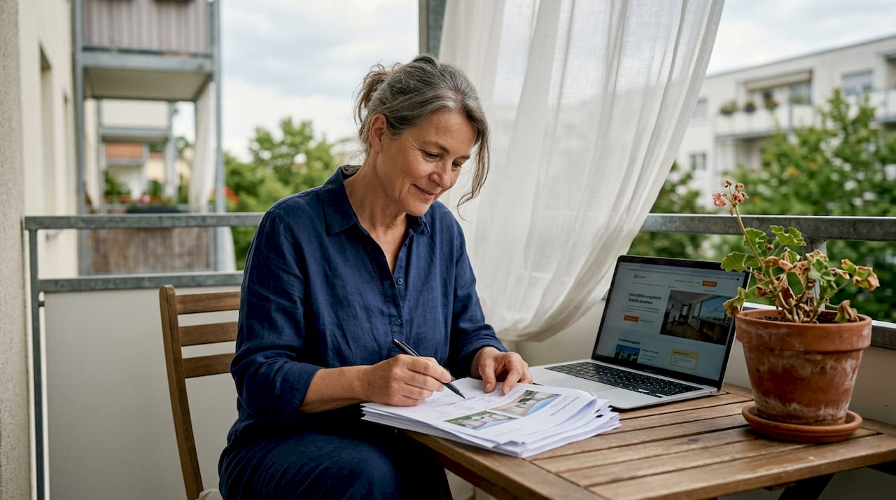 Eine Frau verschafft sich draußen auf Teneriffa einen Überblick über verschiedene Immobilienangebote.