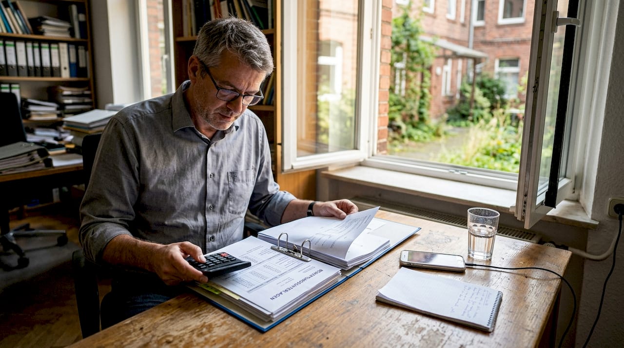 Ein Sachverständiger nimmt die Preisunterlagen im Büro genau unter die Lupe.