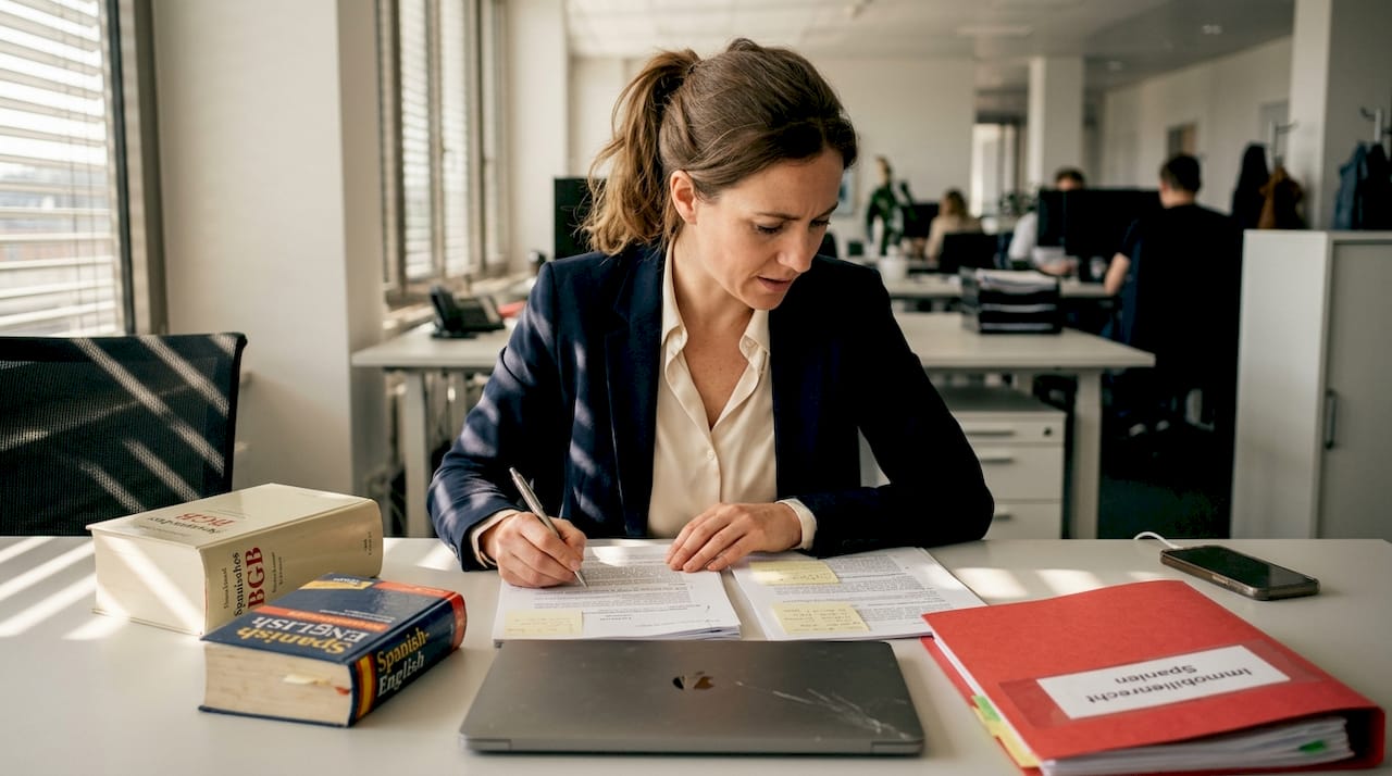 Eine Rechtsanwältin nimmt die Unterlagen zum Immobilienkauf genau unter die Lupe.